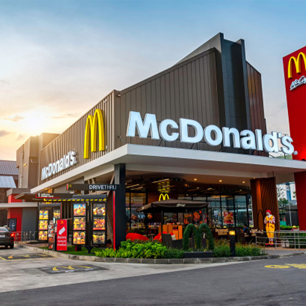 Exterior of McDonald's restaurant against sunset