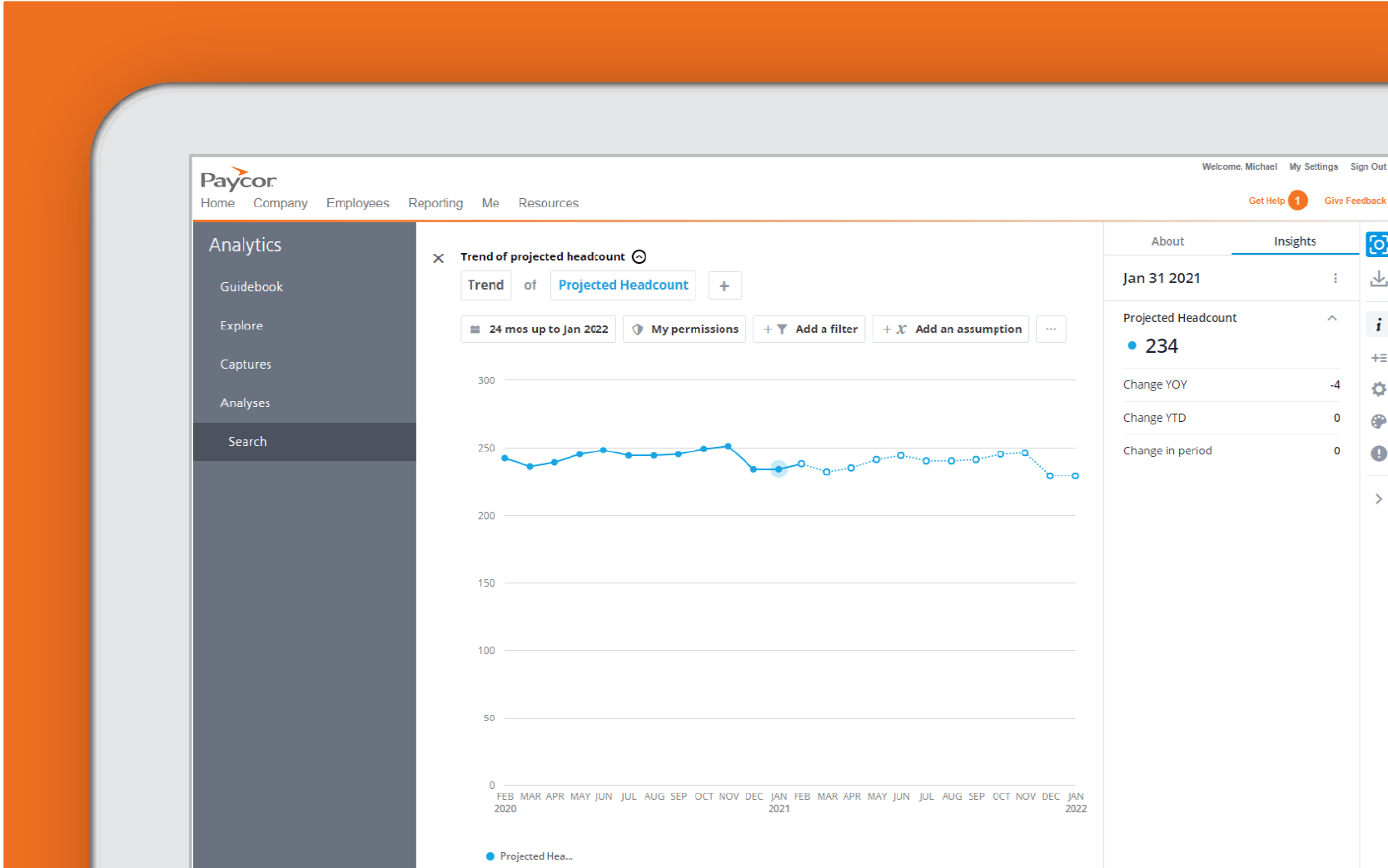Corner of tablet showing Paycor data dashboard against orange background