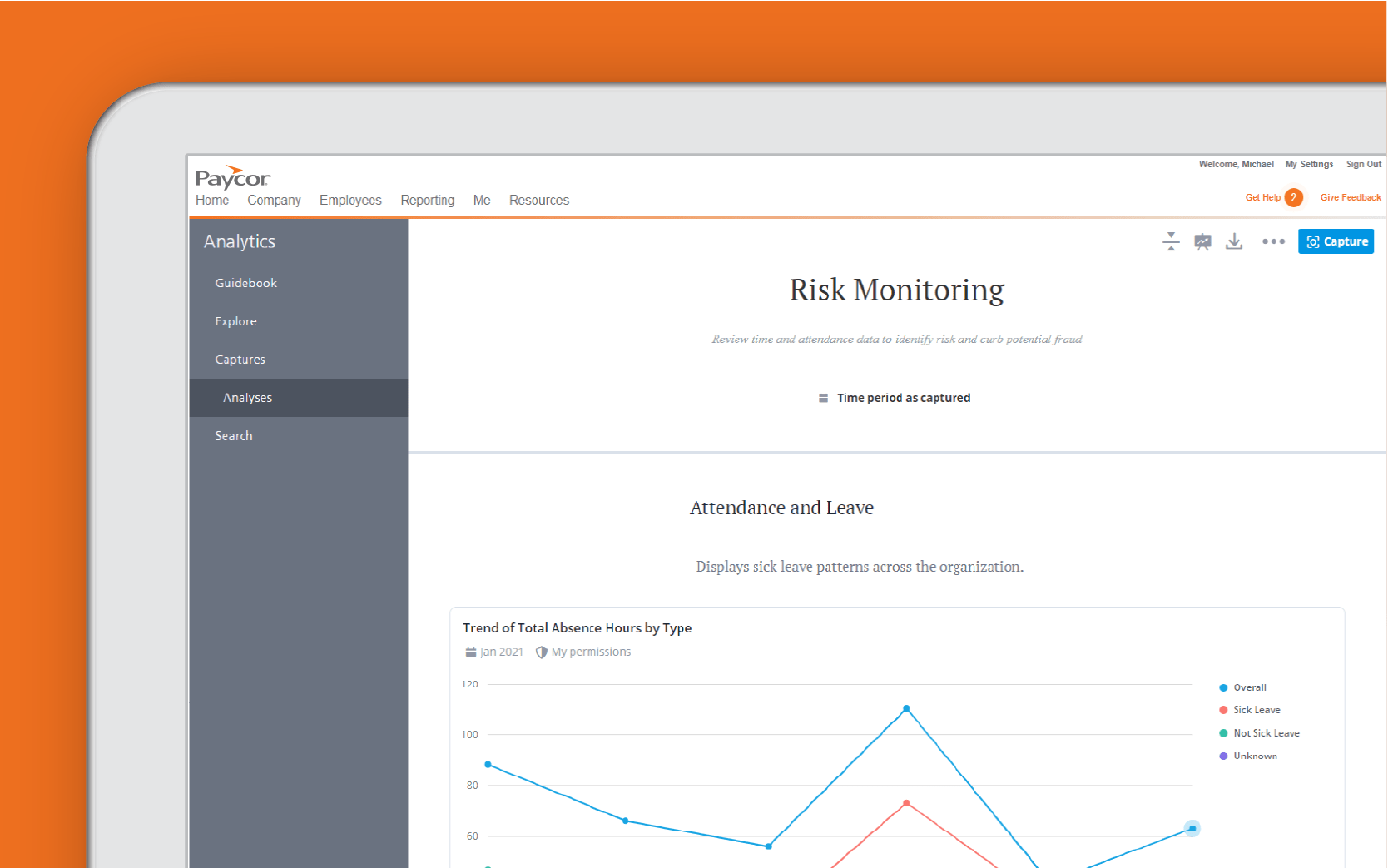 Corner of tablet showing risk monitoring dashboard against orange background
