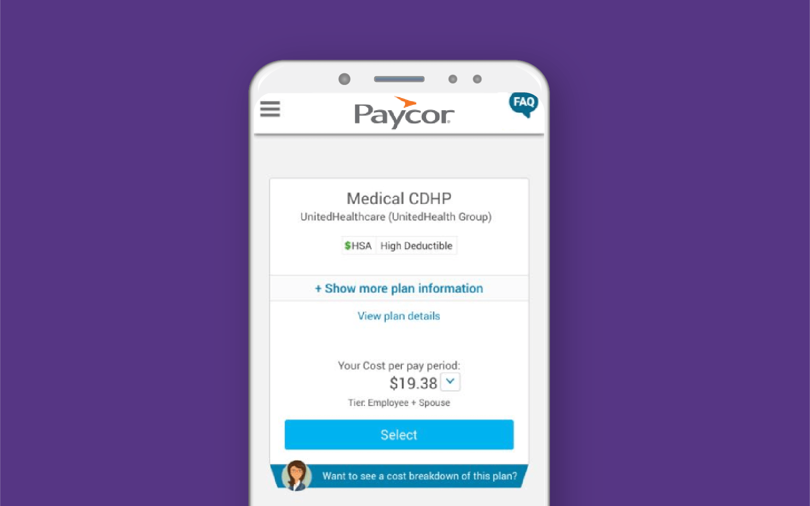 Mobile phone showing medical benefit dashboard against purple background