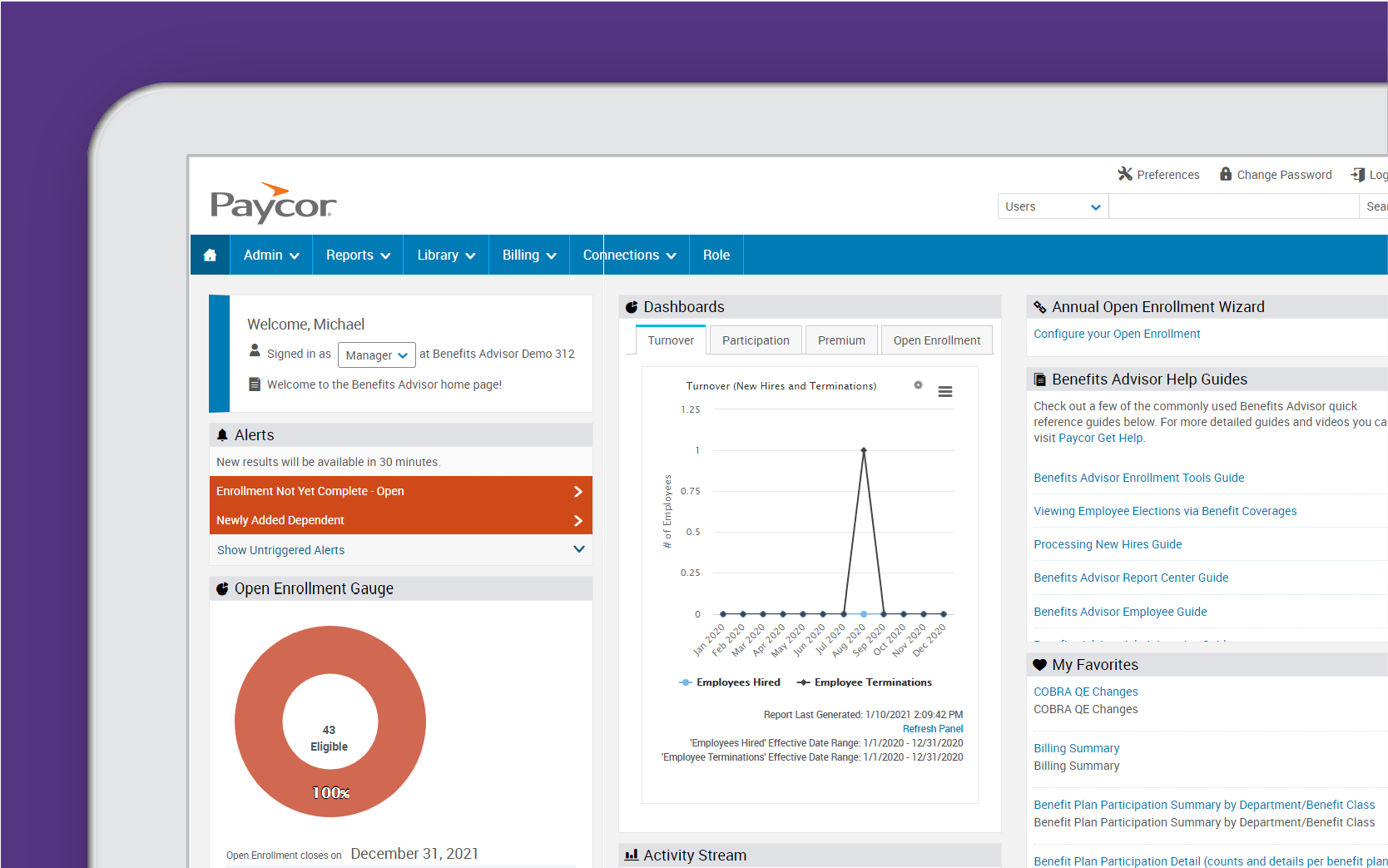 Corner of tablet showing Paycor automated workflows against purple background