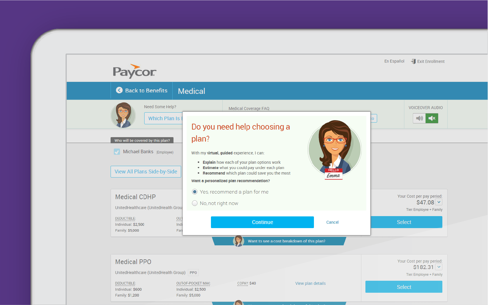 Corner of tablet showing Paycor benefits platform against purple background