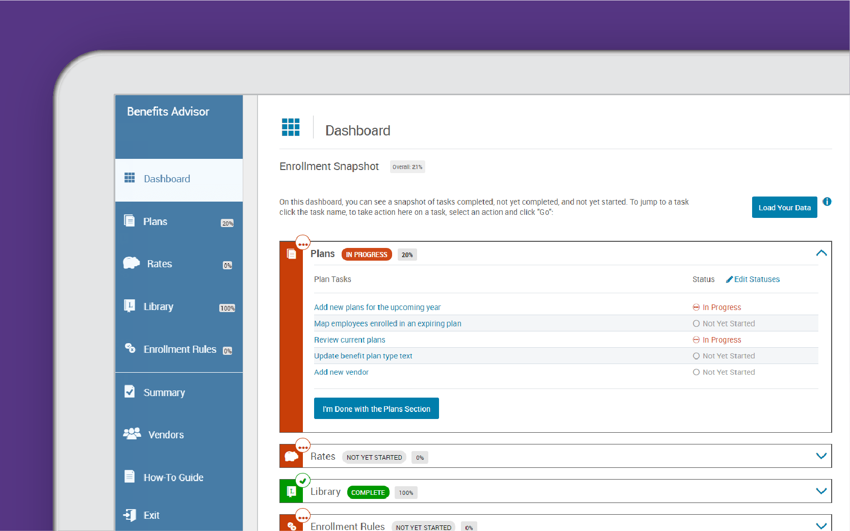Corner of tablet showing enrollment dashboard against purple background
