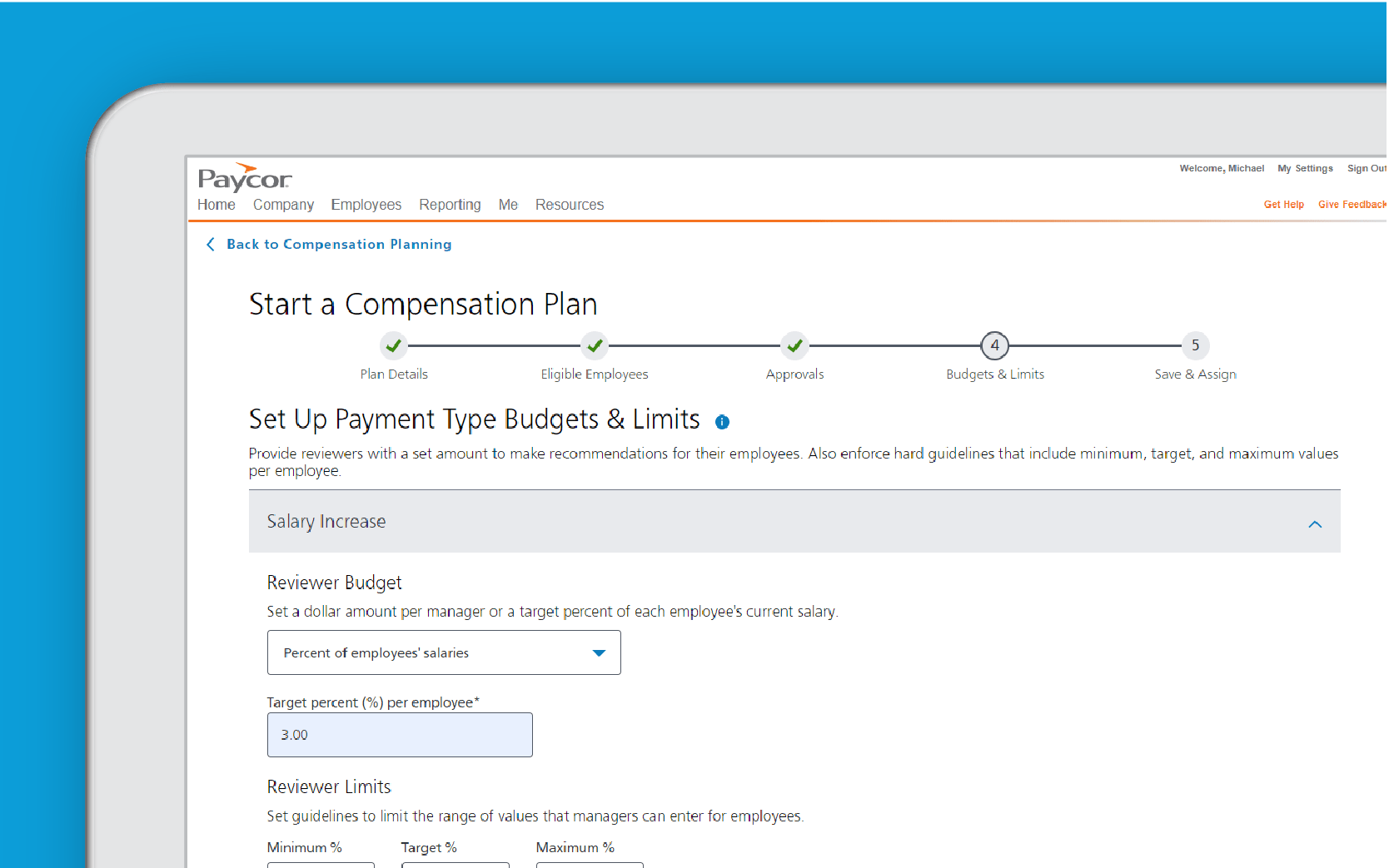 Corner of tablet showing Paycor compensation plan dashboard against blue background