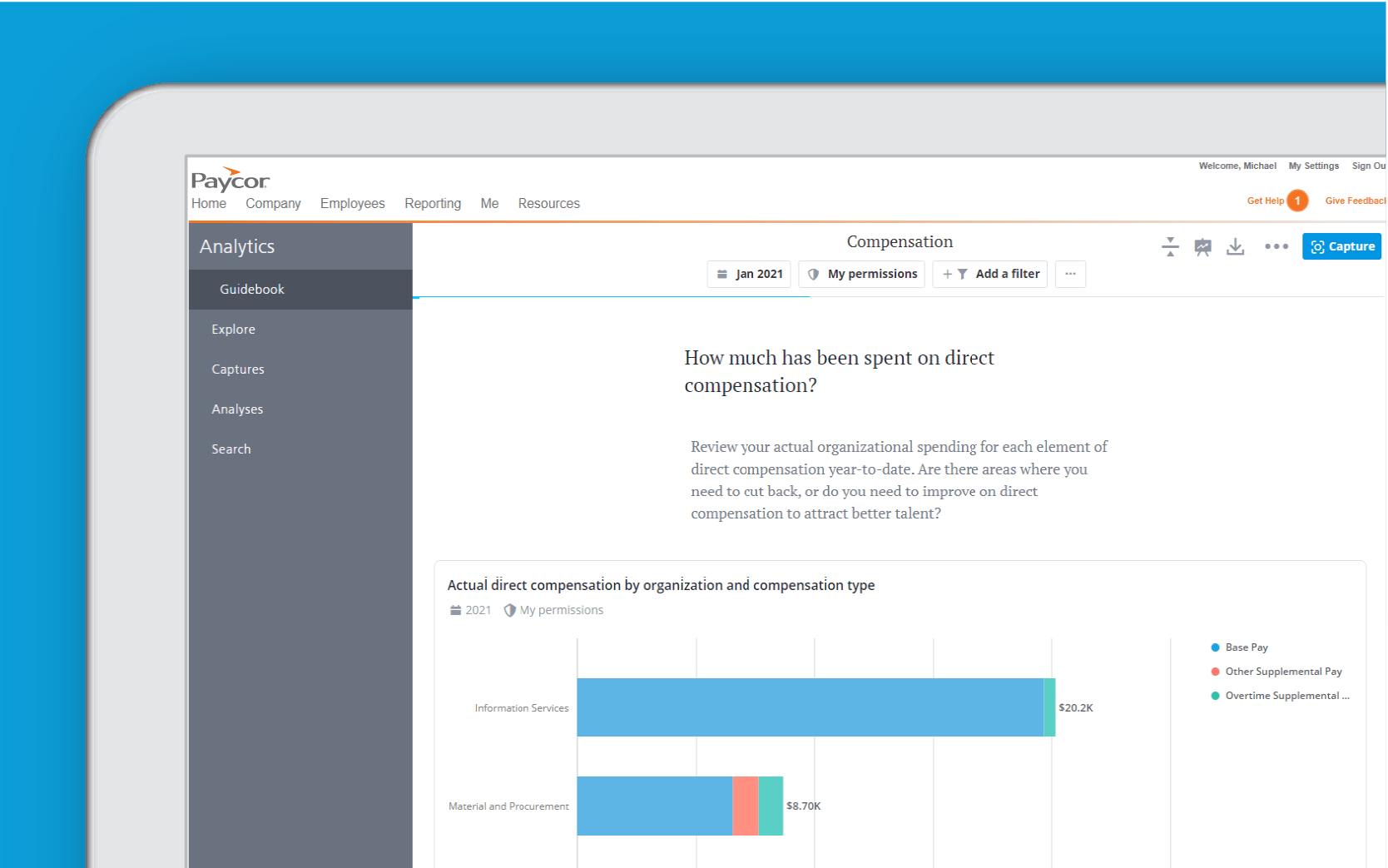 Corner of tablet showing analytics dashboard against blue background