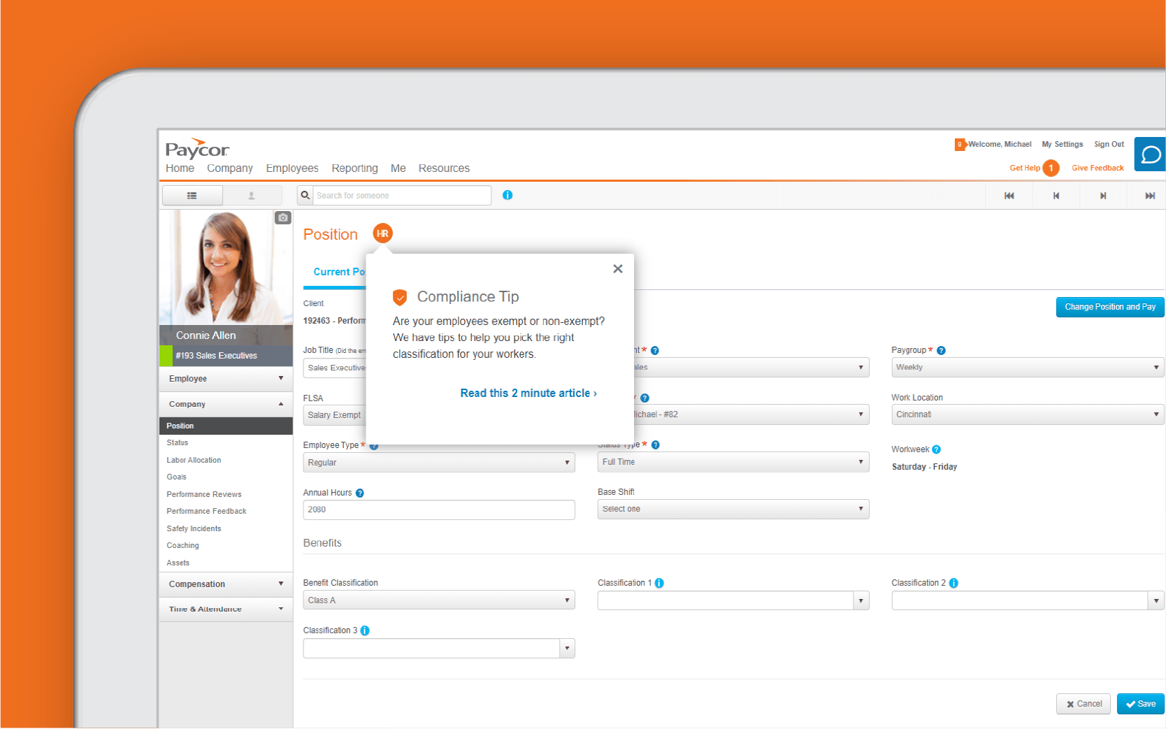 Corner of tablet showing employee experience dashboard against orange background