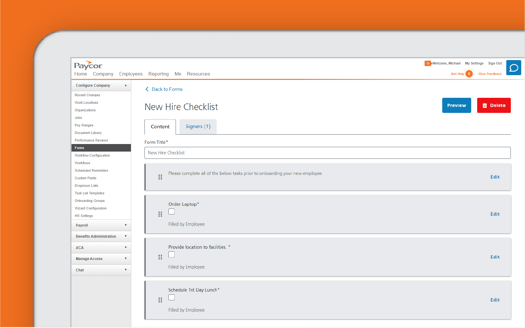 Corner of tablet showing Paycor new hire checklist against orange background