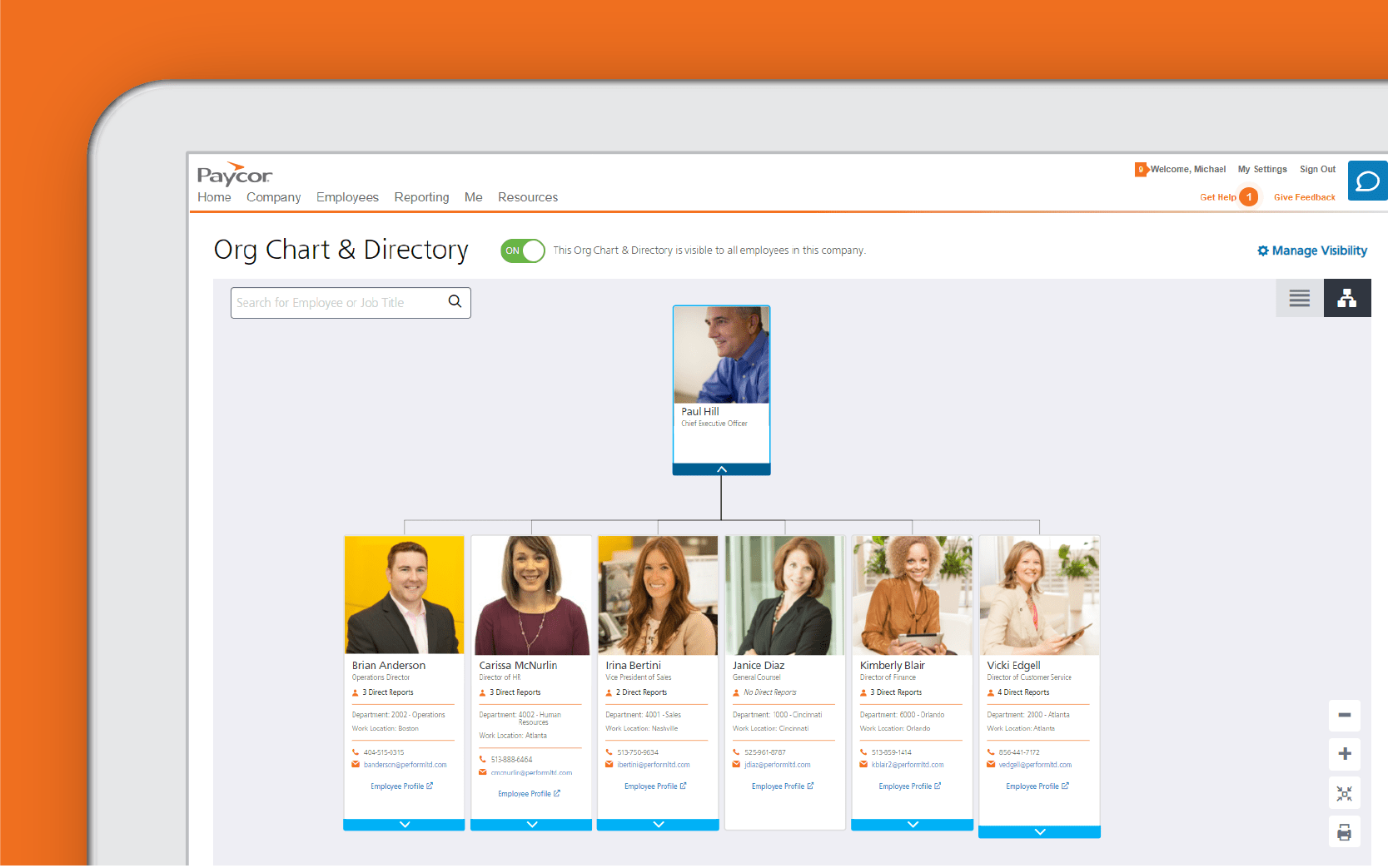 Corner of tablet showing Paycor org chart dashboard against orange background