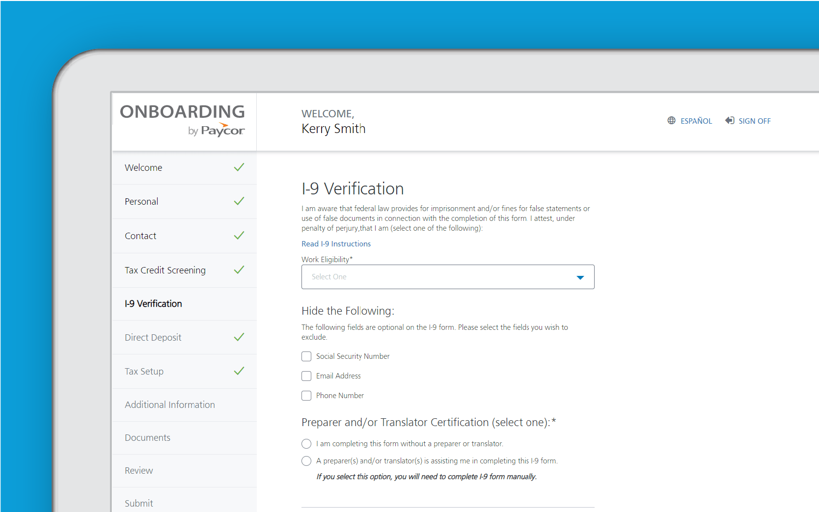 Corner of tablet showing Paycor I-9 verification portal against blue background