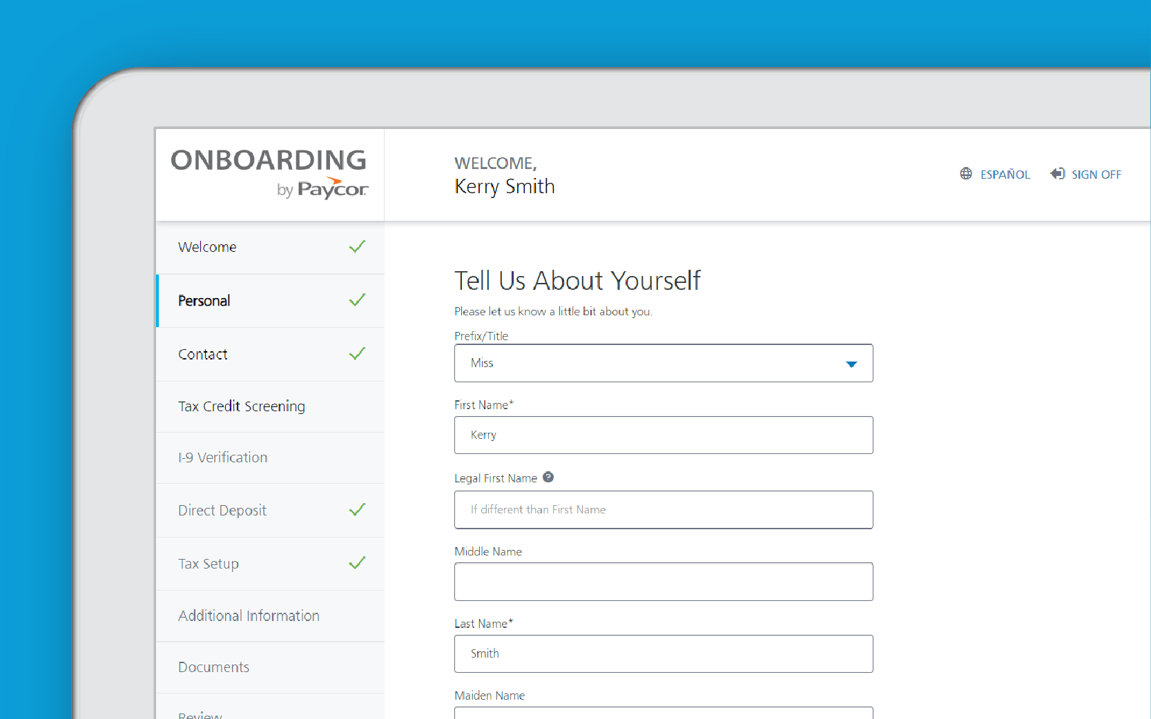 Corner of tablet showing Paycor onboarding dashboard against blue background