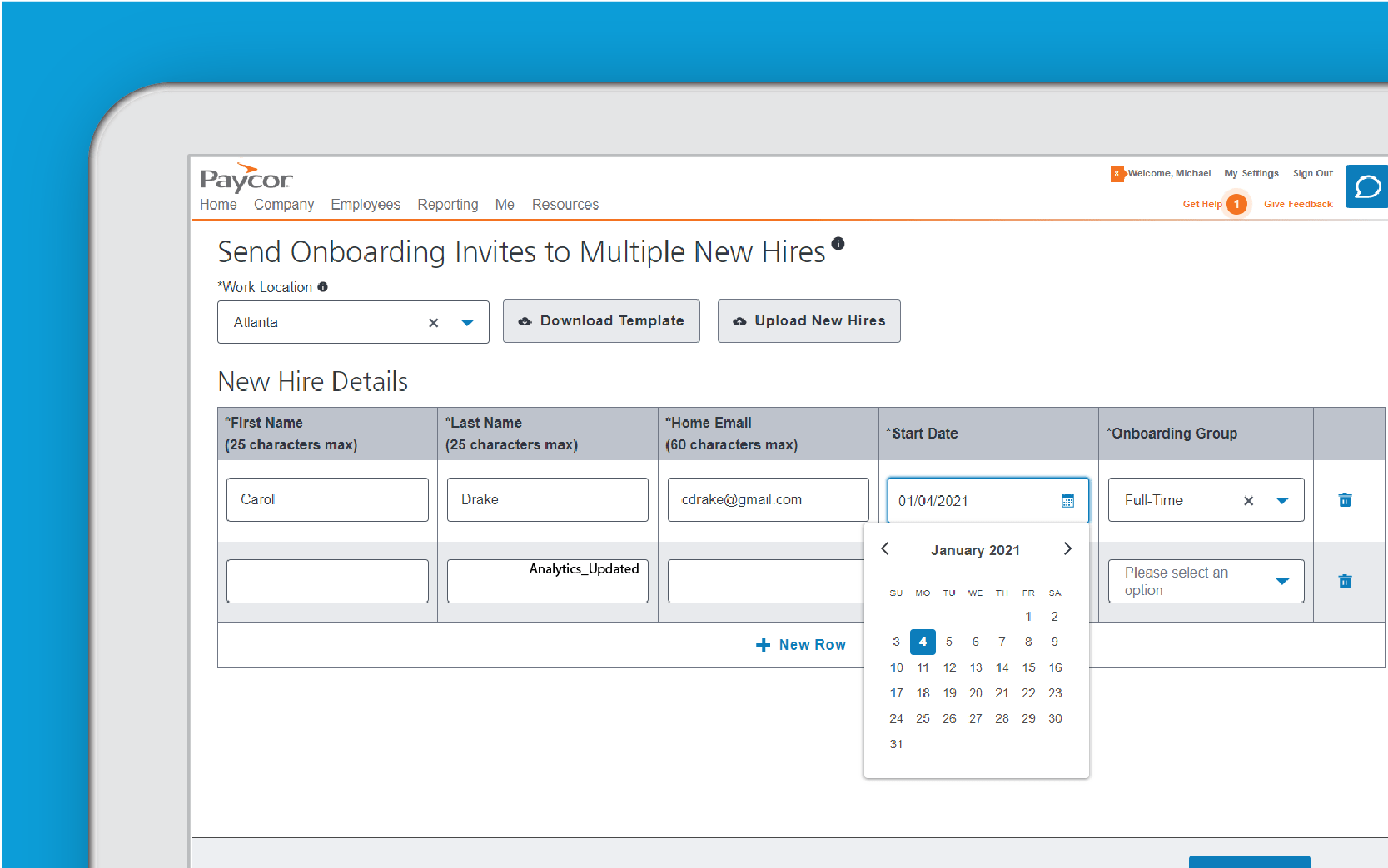 Corner of tablet showing onboarding invites portal against blue background