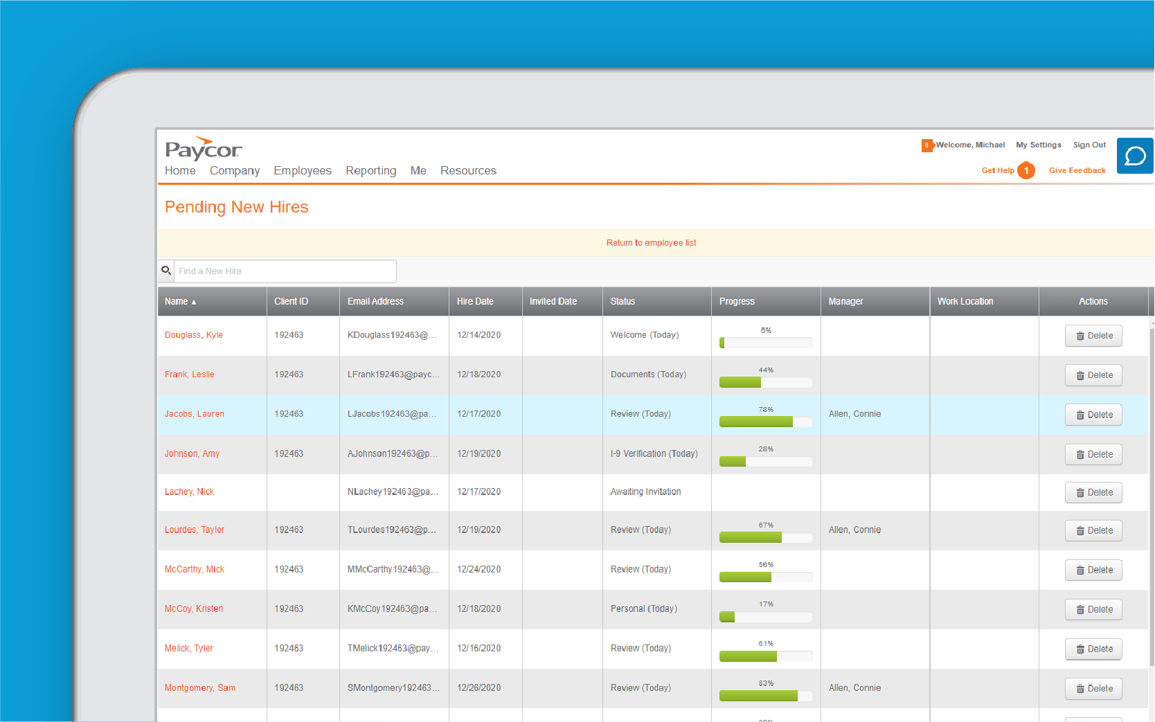 Corner of tablet showing Paycor onboarding dashboard against blue background