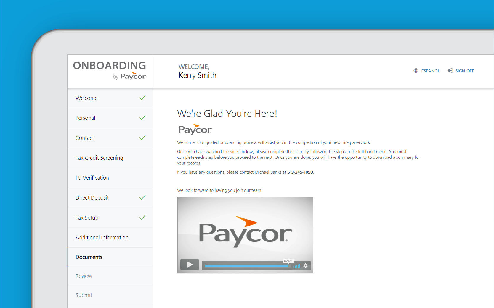 Corner of tablet showing Paycor onboarding dashboard against blue background