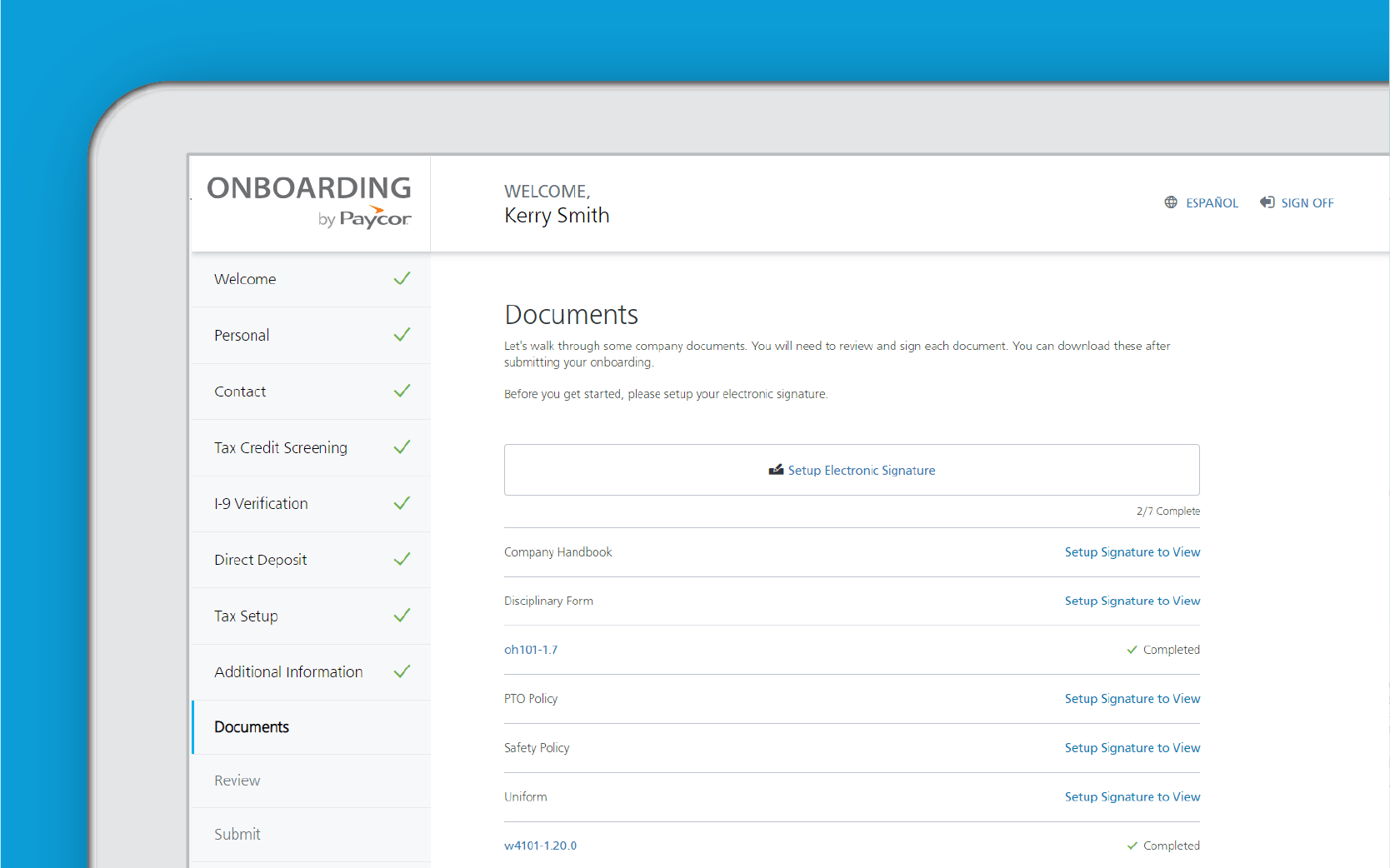 Corner of tablet showing Paycor onboarding dashboard against blue background
