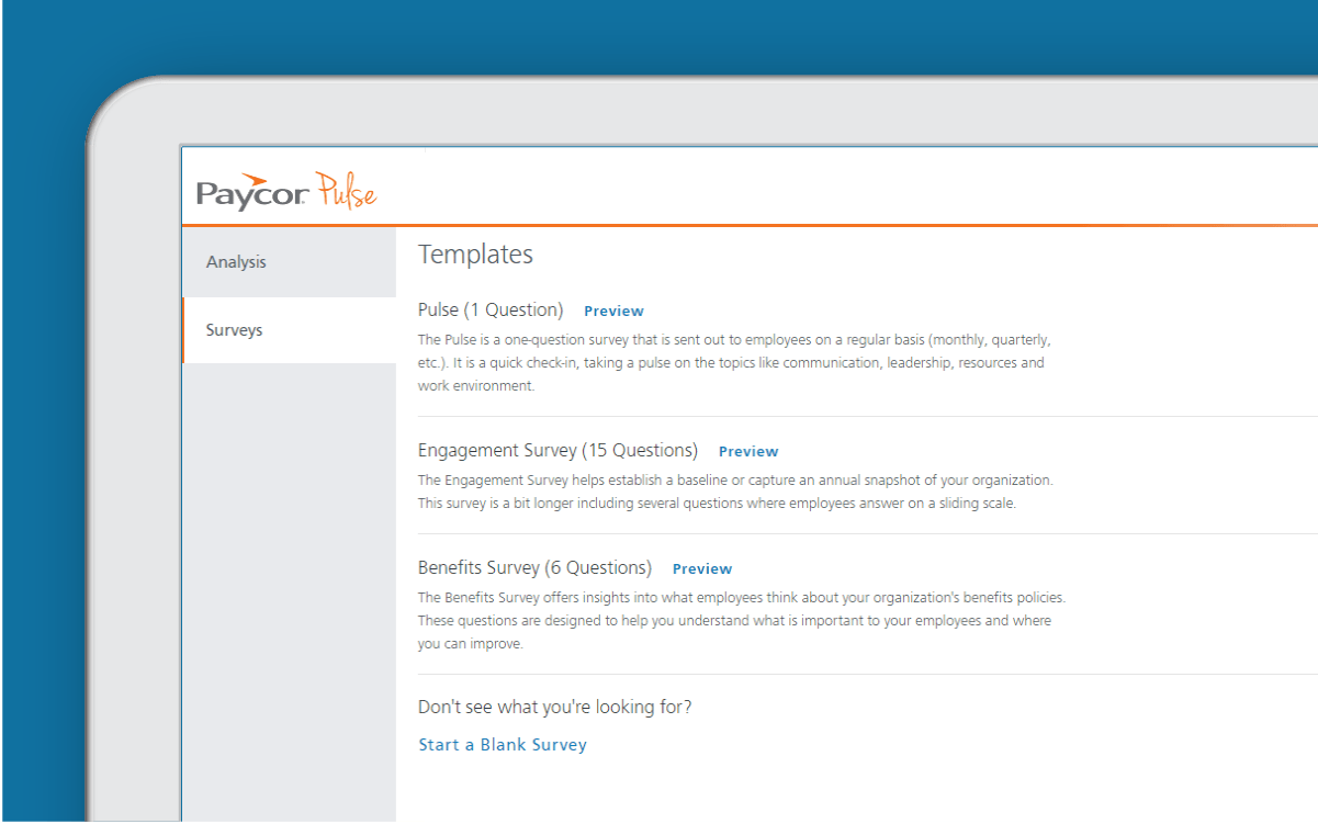 Corner of tablet showing Paycor survey templates against blue background