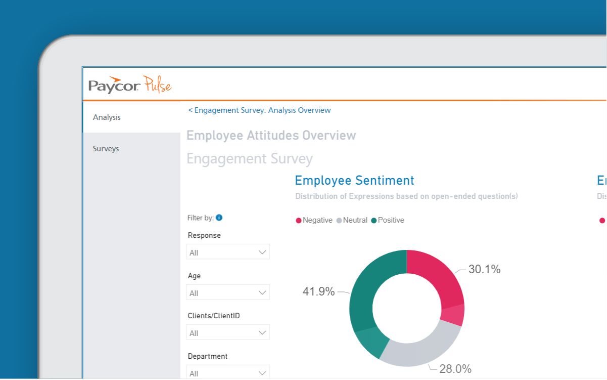 Corner of tablet showing employee sentiment overview against blue background