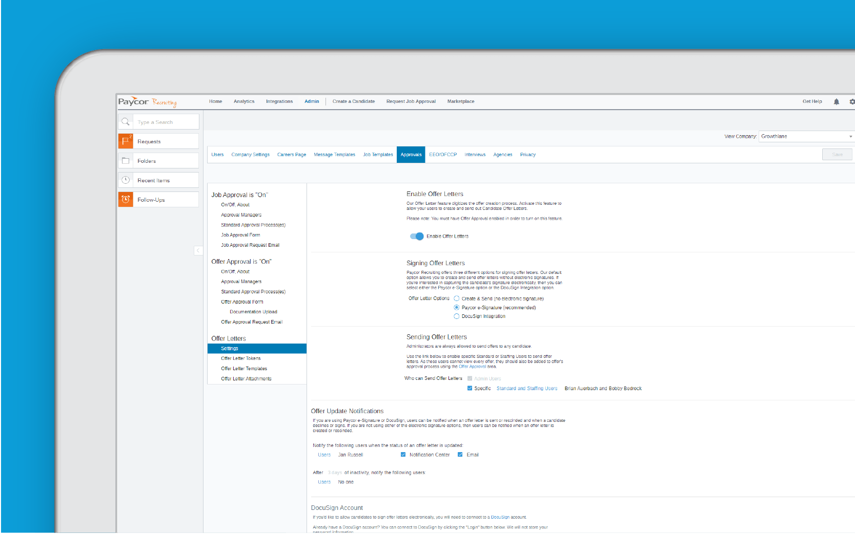 Corner of tablet showing Paycor recruiting software against blue background