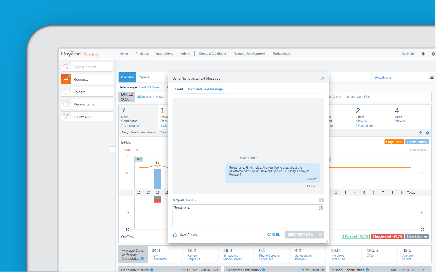 Corner of tablet showing Paycor recruiting software against blue background