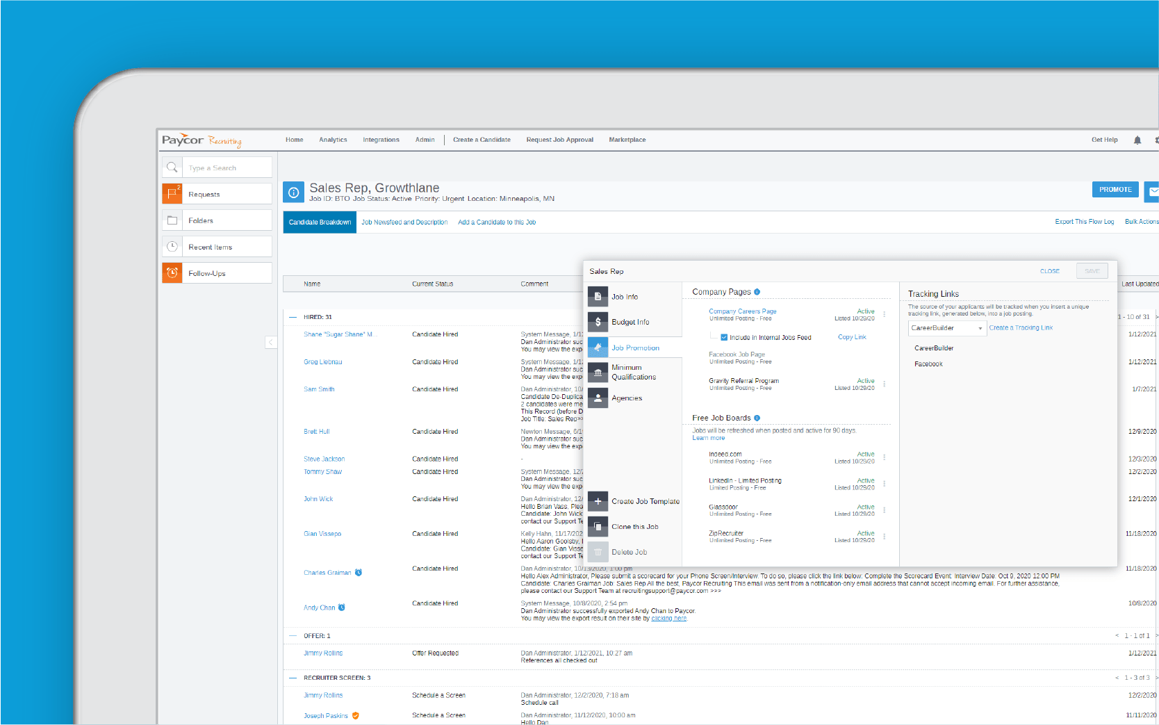 Corner of tablet showing Paycor candidate search against blue background