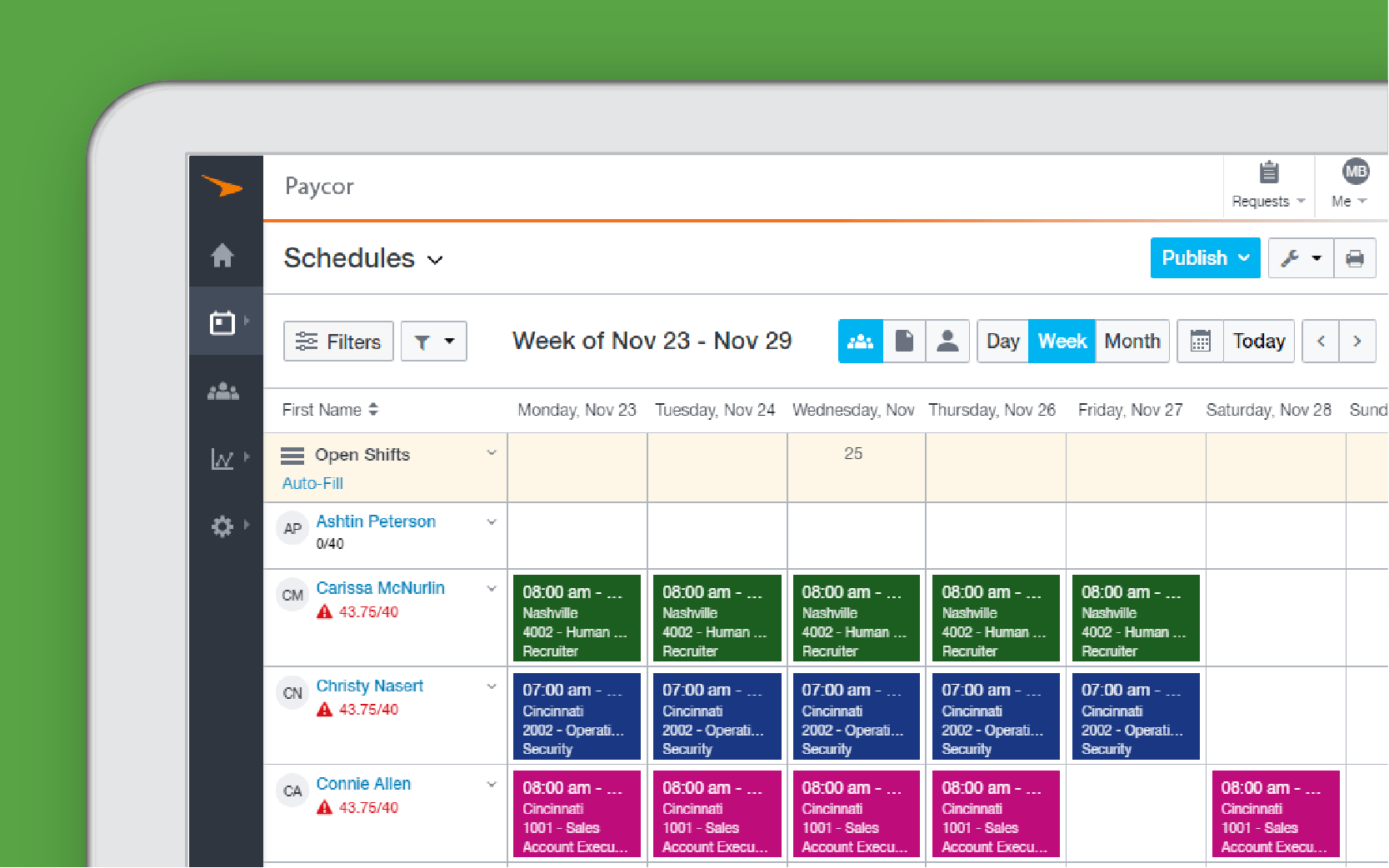 Corner of tablet showing Paycor scheduling features against green background