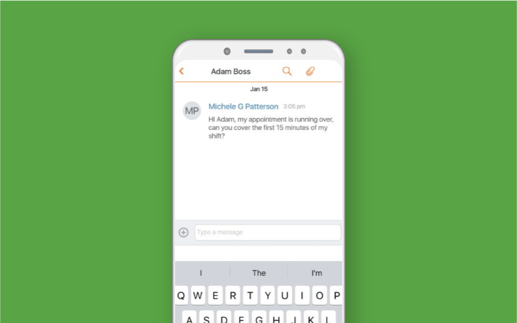 Mobile phone showing employee communications against green background