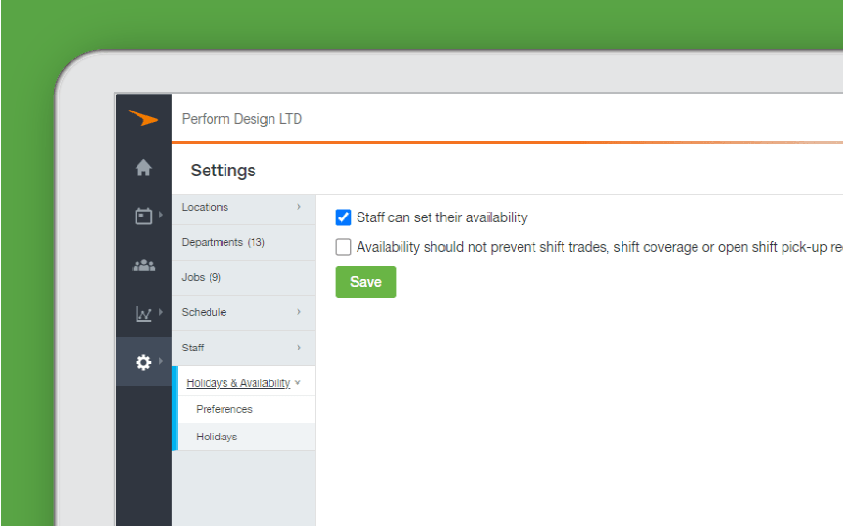 Corner of tablet showing employee availability dashboard against green background