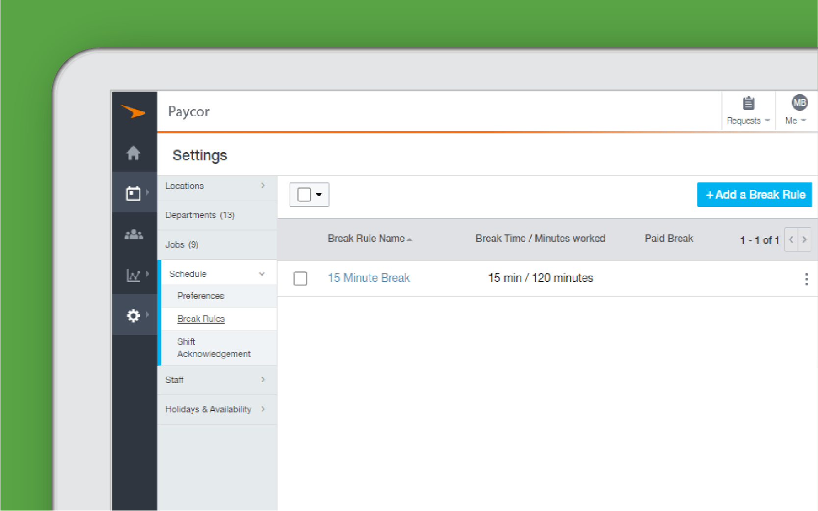Corner of tablet showing Paycor employee scheduling against green background