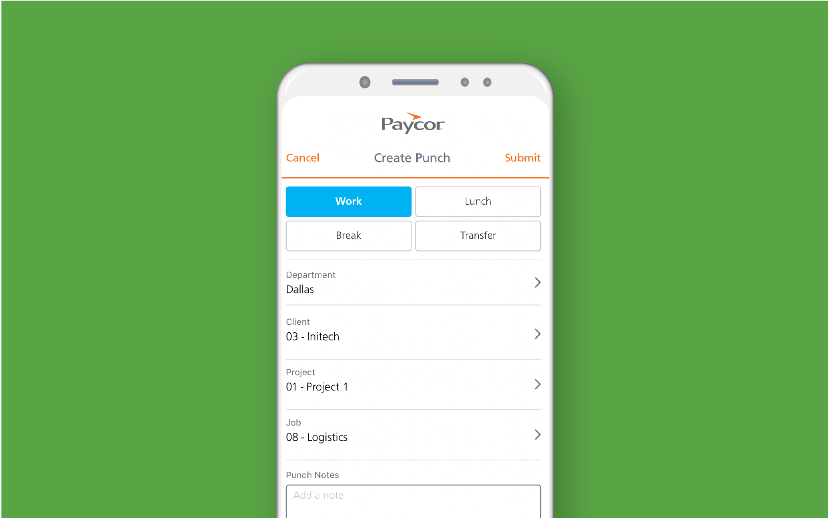 Mobile phone showing Paycor mobile time punch against green background