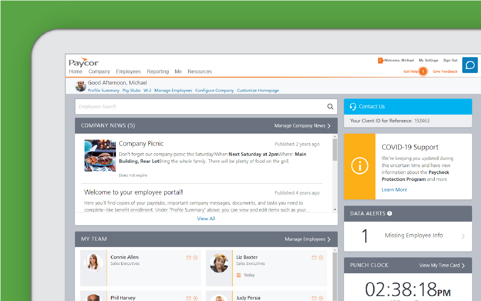 Corner of tablet showing Paycor employee experience dashboard against green background