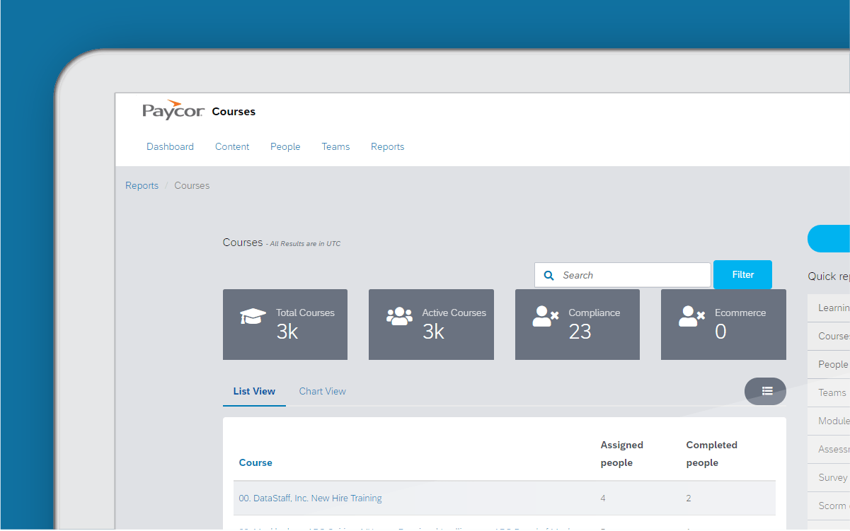Corner of tablet showing Paycor course dashboard against blue background