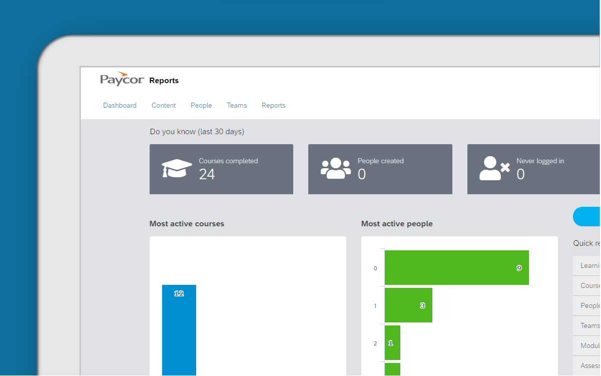 Corner of tablet showing Paycor course dashboard against blue background