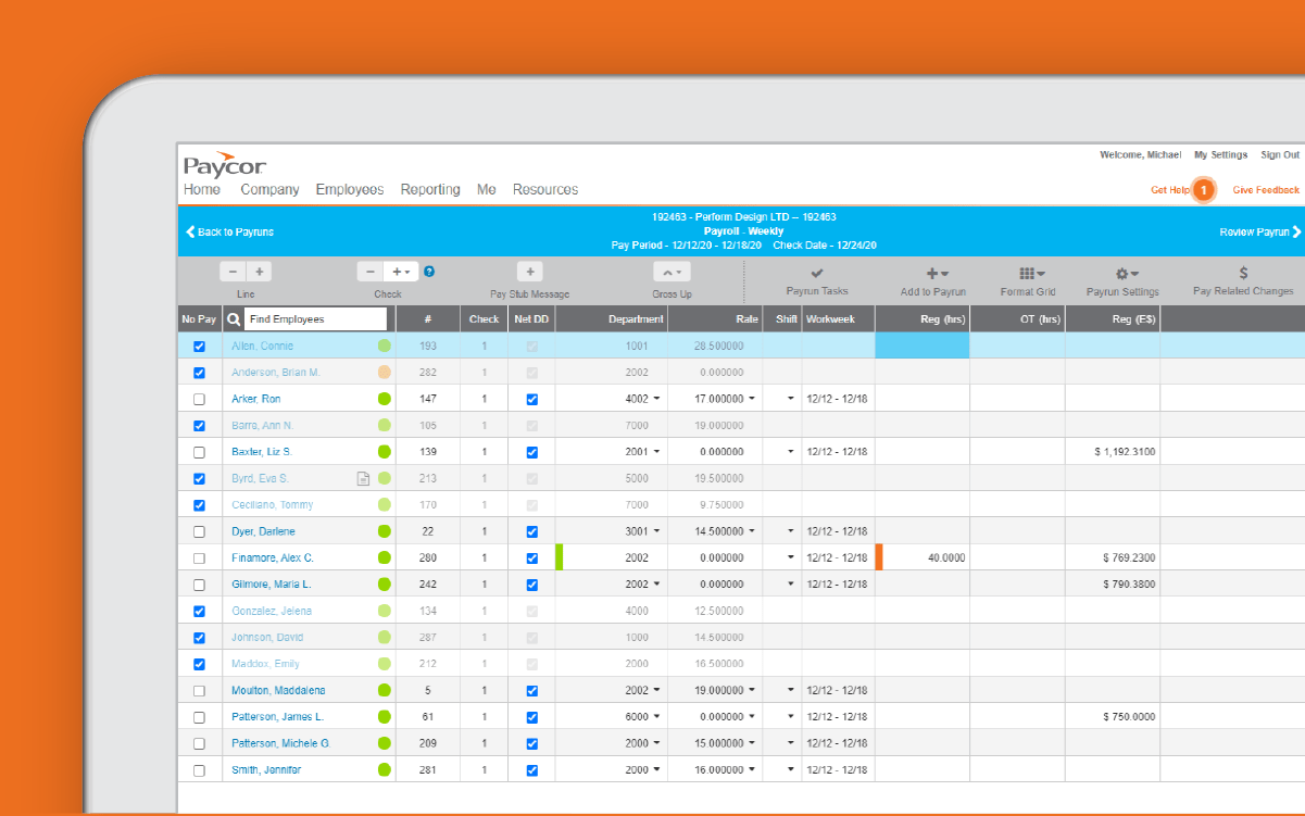 iPad screen showing Paycor's payroll software, with a weekly overview of employee compensation