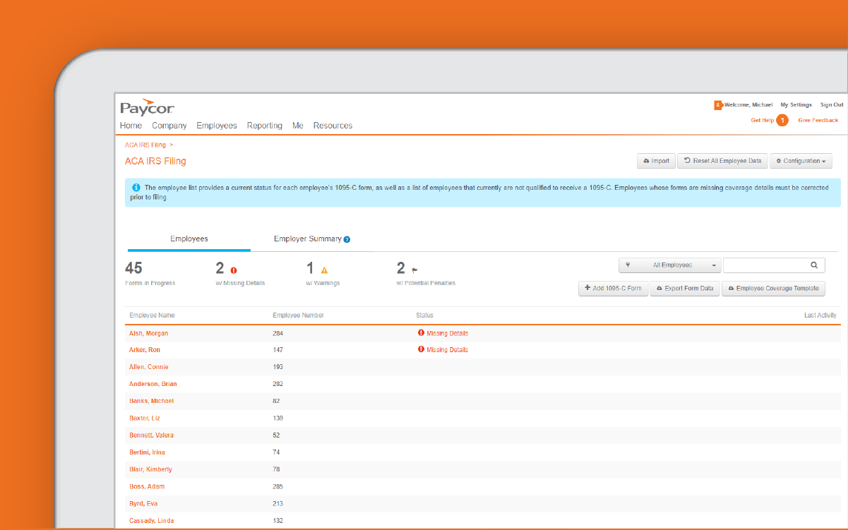 Automatic ACA IRS filing feature within Paycor's software showing a list of employee names, numbers and statuses