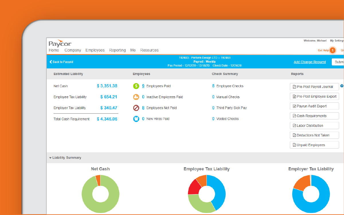 iPad screen showing Paycor's reporting feature, including categories for liability, employees, check summary and reports.