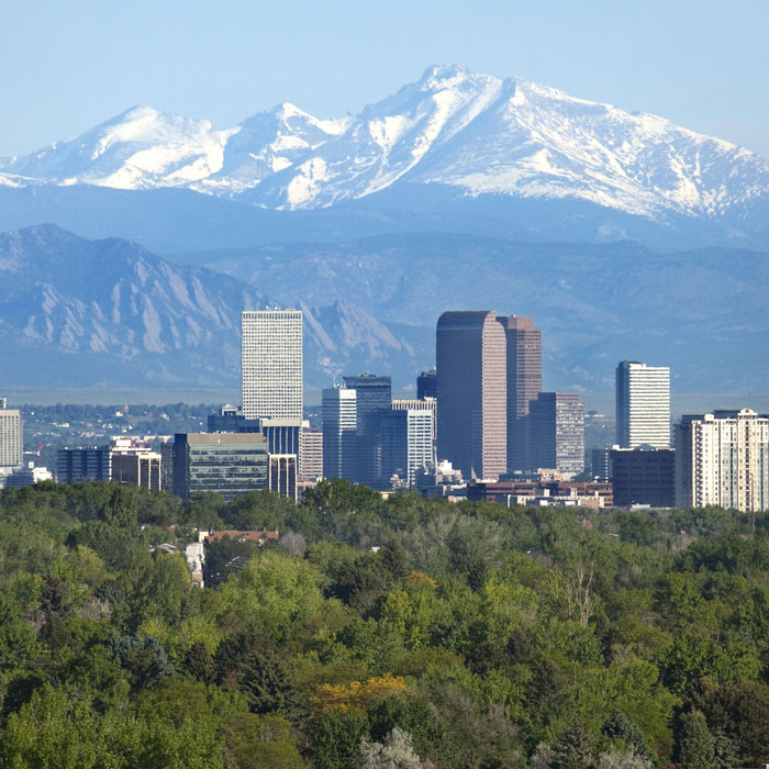 Denver skyline with mountains in background