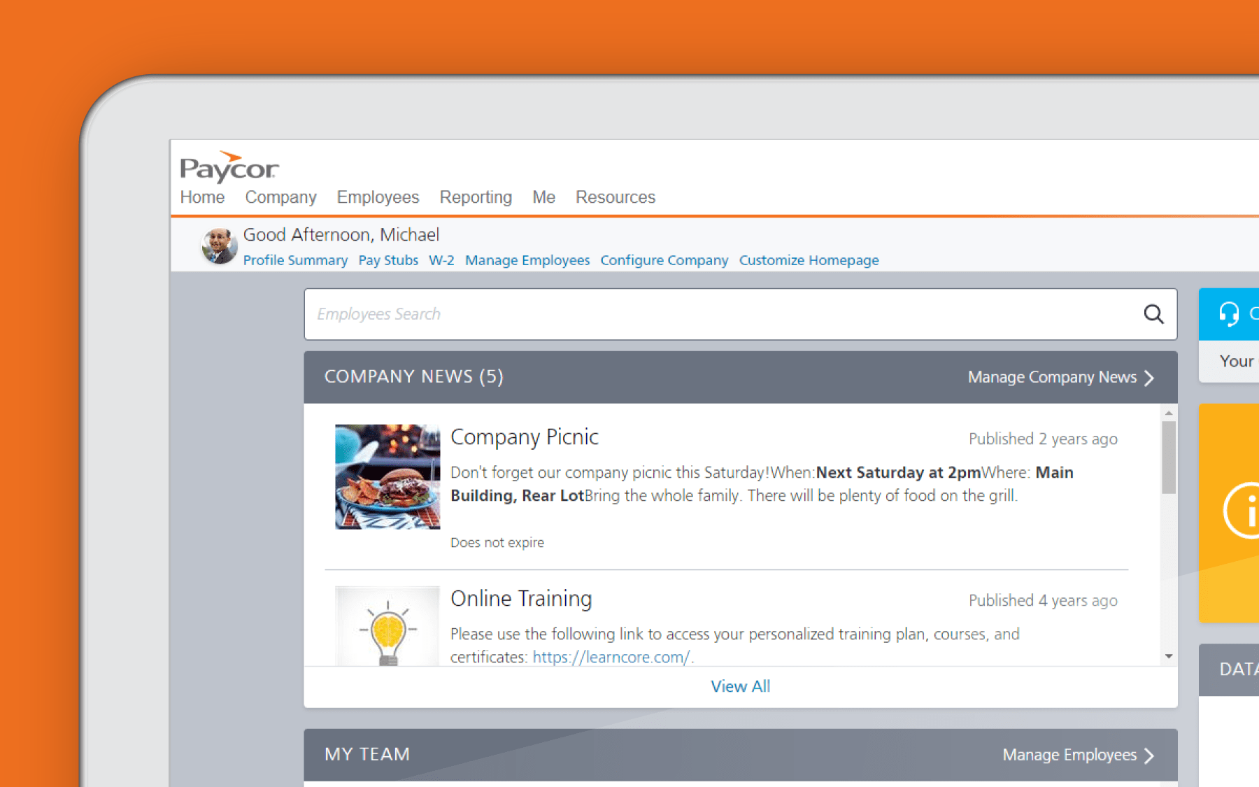 Corner of tablet showing Paycor employee communications dashboard