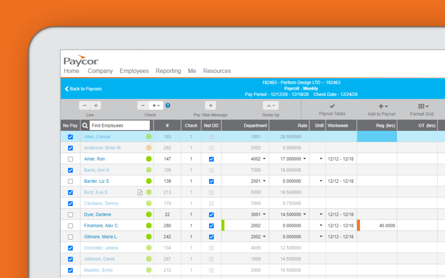 Corner of tablet showing Paycor payroll dashboard against orange background