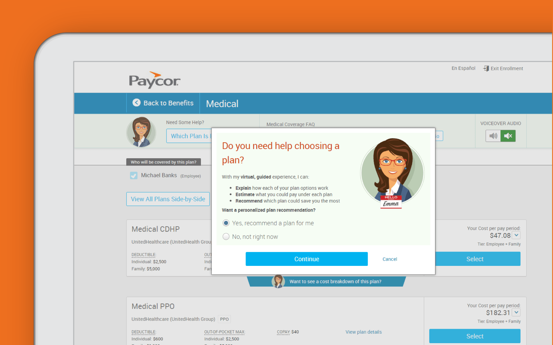Corner of tablet showing healthcare open enrollment portal in front of orange background