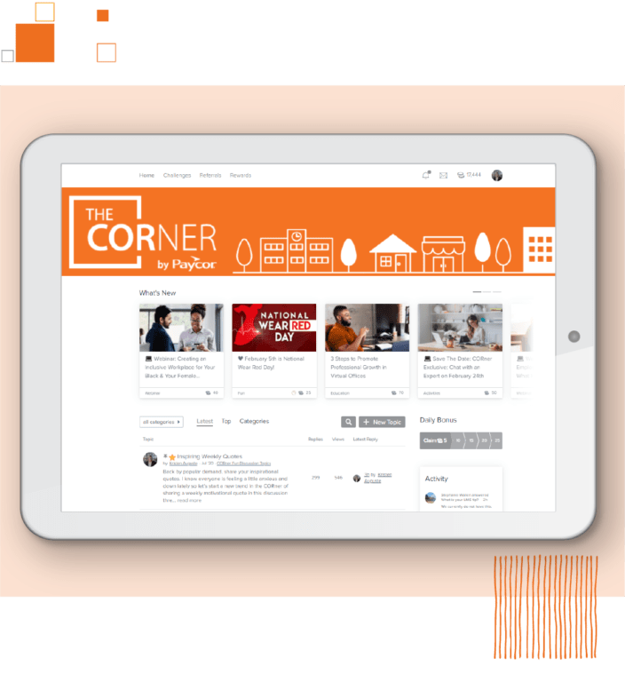 Tablet showing Paycor customer hub against orange background