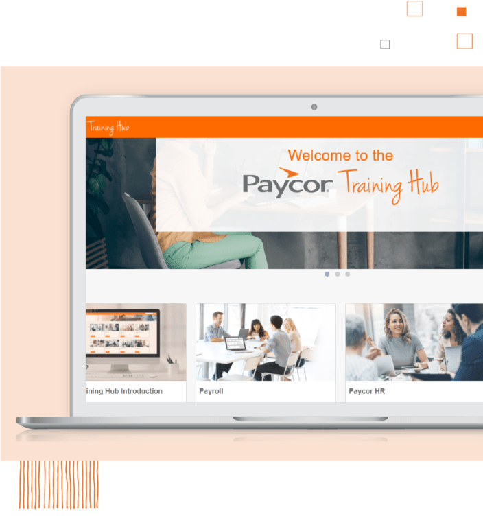 Laptop showing Paycor training hub against orange background
