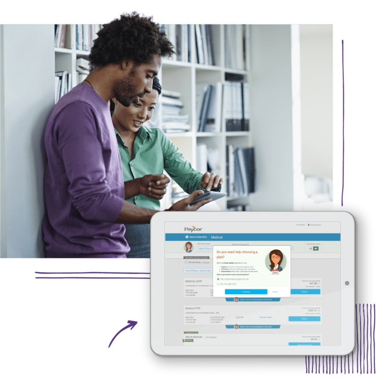 Man and woman looking at tablet with screen showing Paycor benefits dashboard