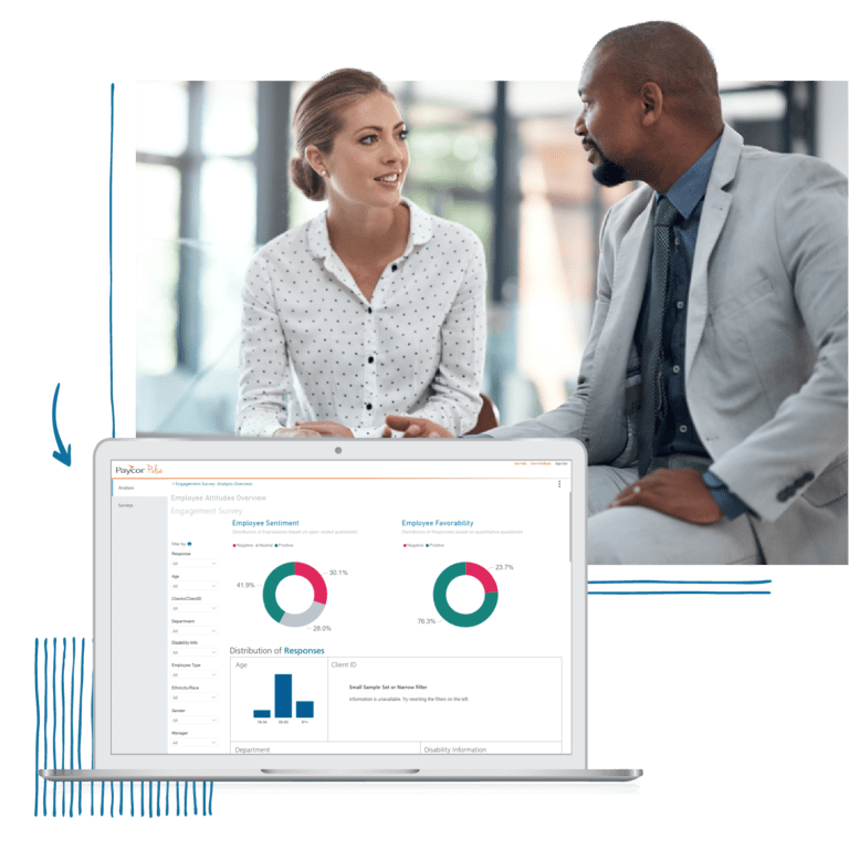 Coworkers talking with computer graphic showing Paycor employee dashboard