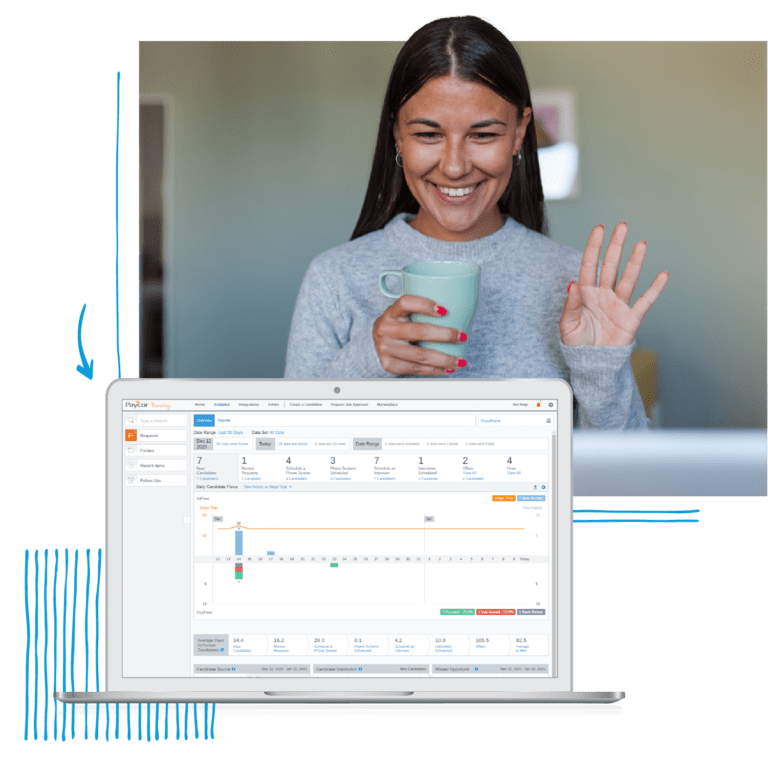 Woman waving at laptop screen showing talent management dashboard