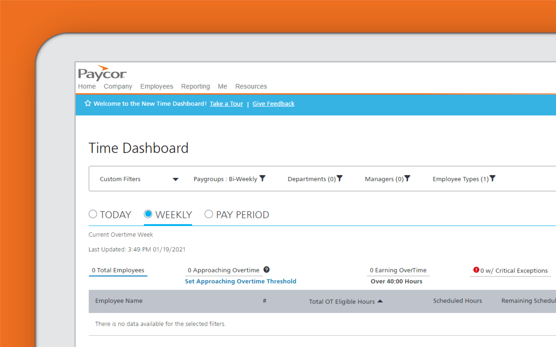 Corner of tablet showing time dashboard against orange background