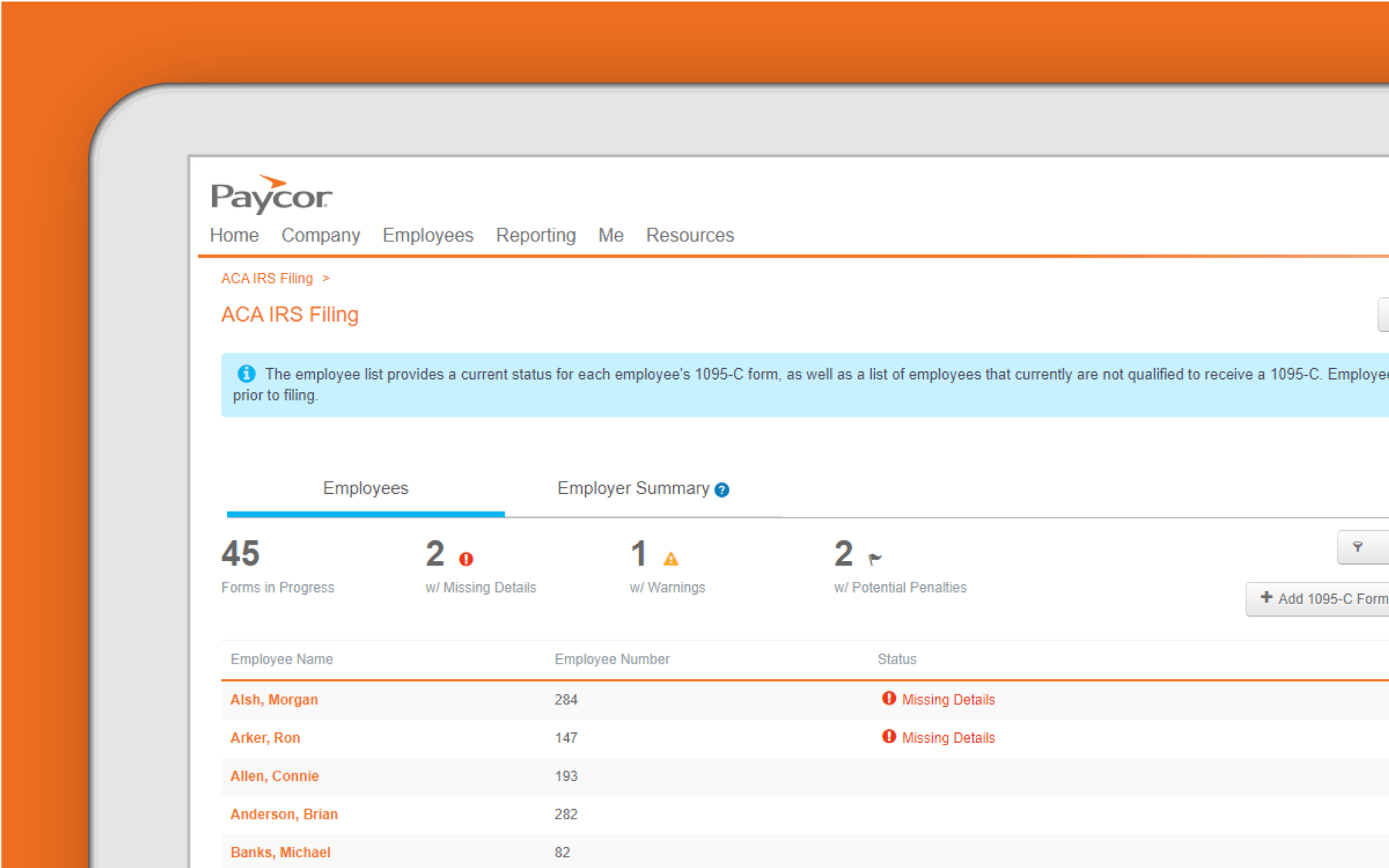 Corner of tablet showing IRS filing dashboard against orange background