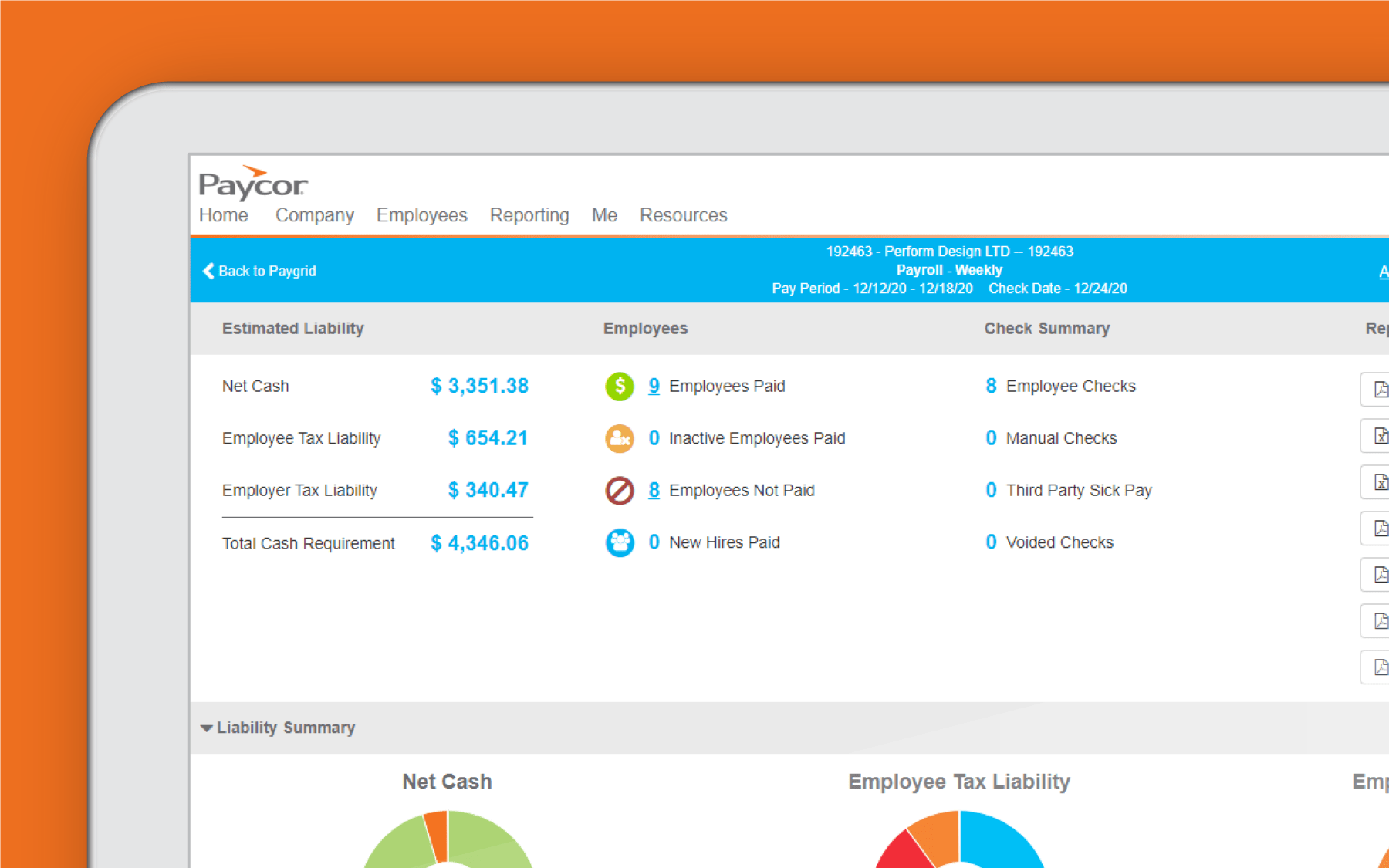 Corner of tablet showing employee analytics against orange background