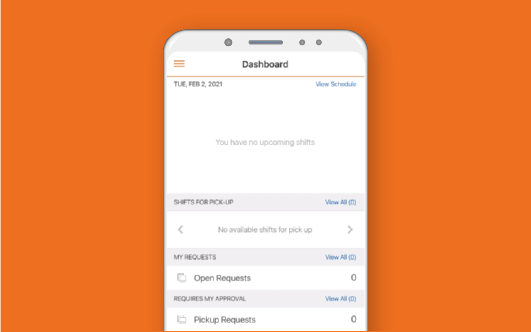 Smartphone showing mobile employee dashboard against orange background