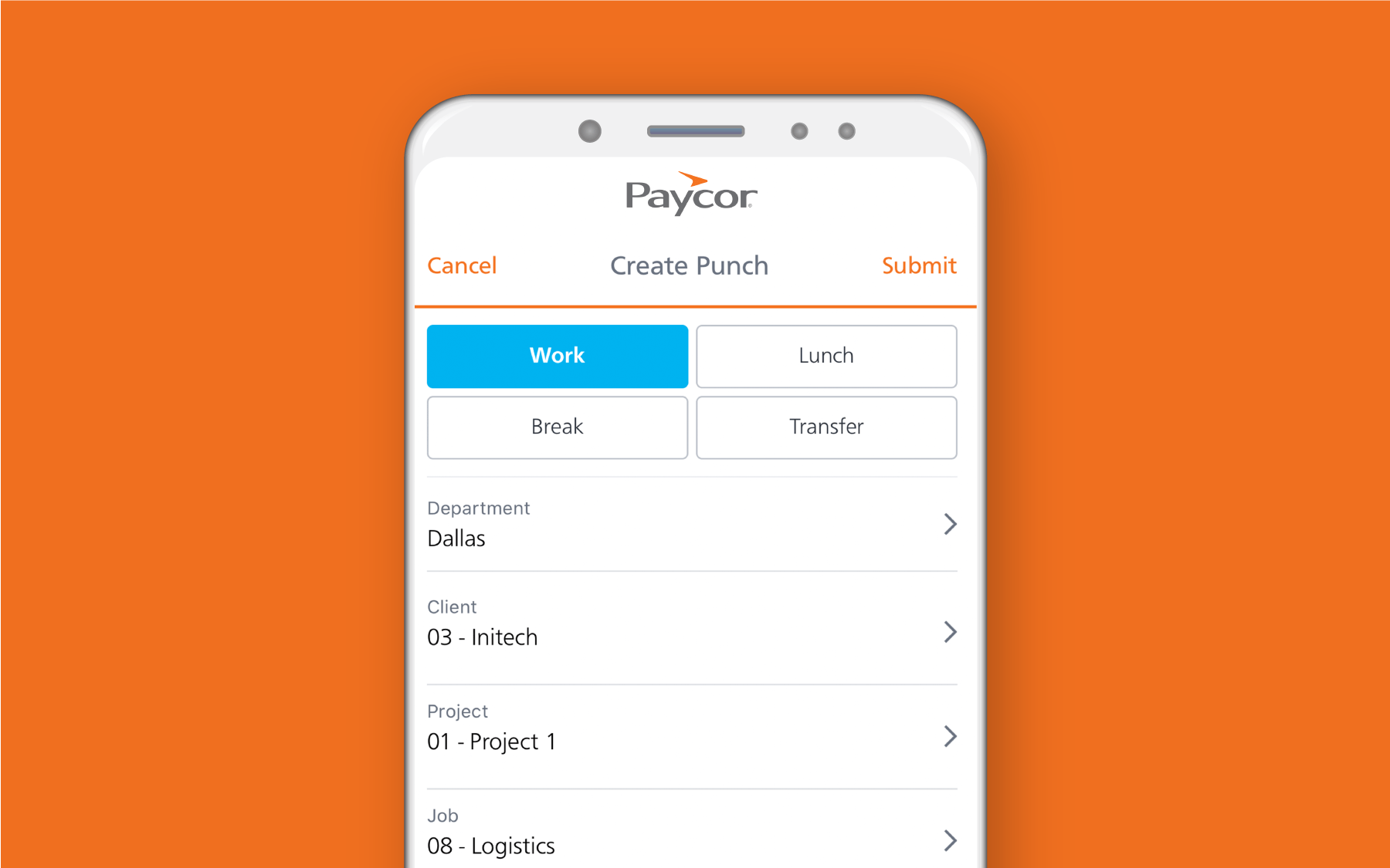 Mobile phone showing time keeping dashboard against orange background