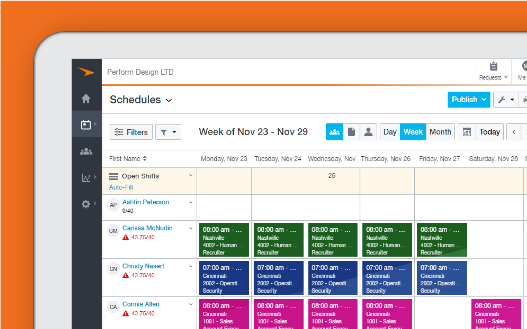 Corner of tablet showing Paycor scheduling dashboard against orange background