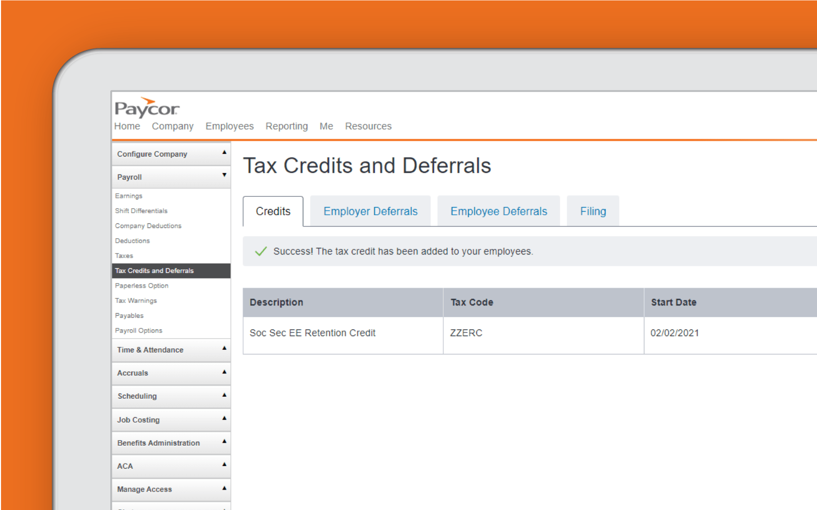 Corner of tablet showing tax credit dashboard against orange background